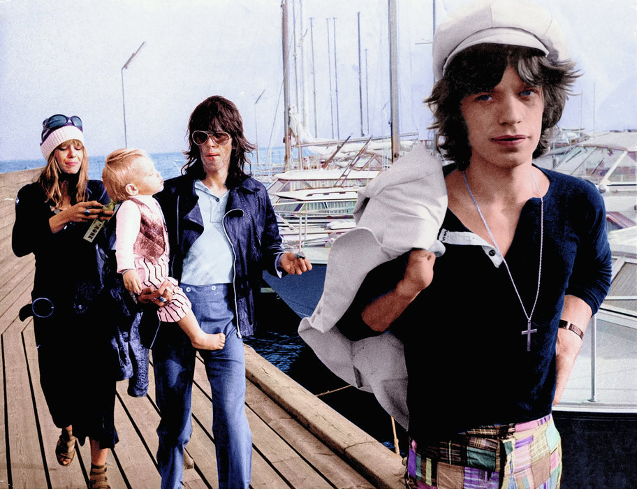 Mick Jagger, Keith Richards, Anita Pallenberg and their child in Sweden 1970