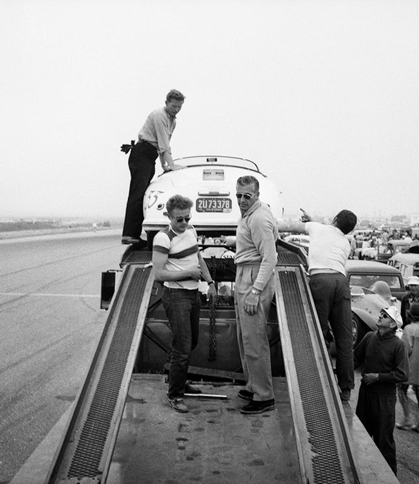 James Dean Standing with Porsche at Car Rally 1955 by Frank Worth