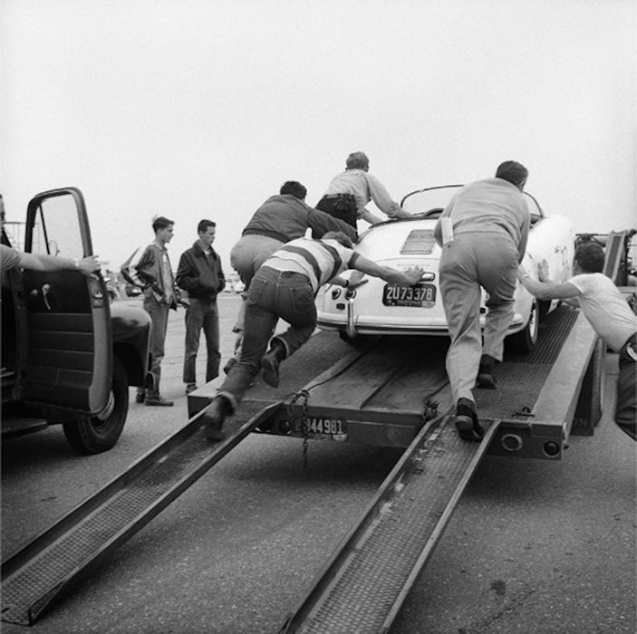 James Dean Pushing Porsche at Car Rally 1955 by Frank Worth