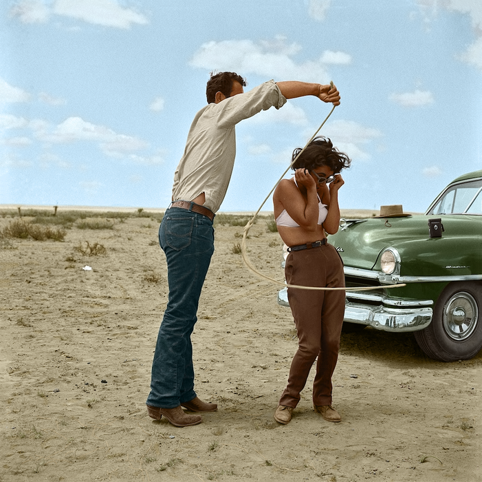Rock Hudson Lasso-ing Liz Taylor On Set of Giant by Frank Worth
